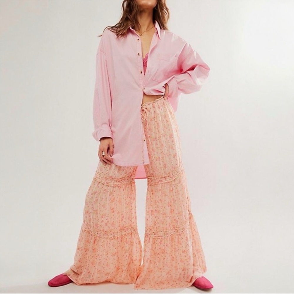 Free People Emmaline Tiered Floral Peach Wide-Leg Pants